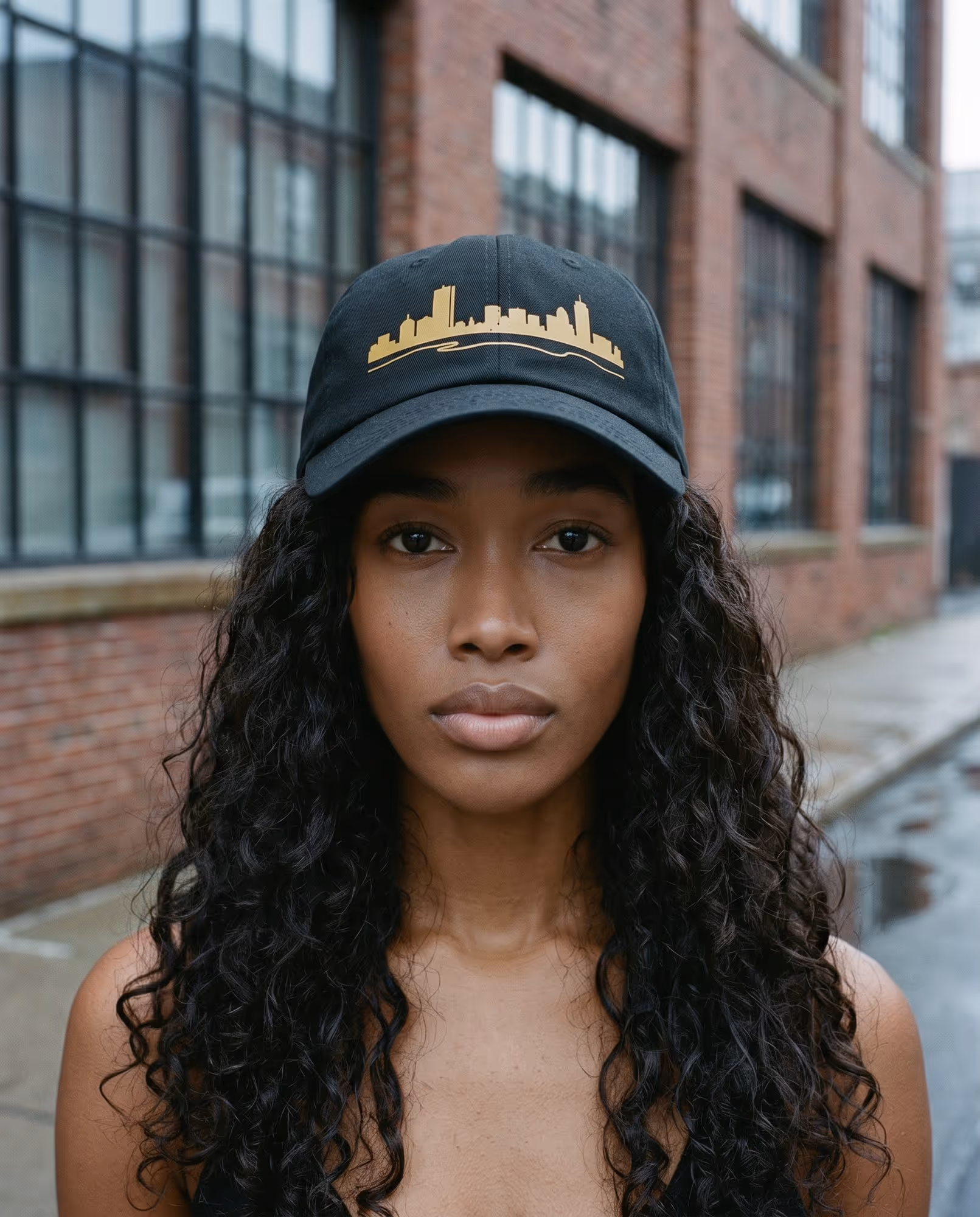 Model wearing a black cap with a city skyline printed in gold on the front panel