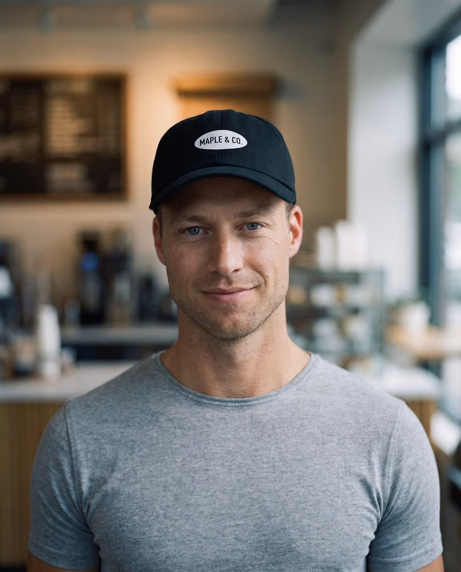 Café staff member wearing a black cap with a small printed oval logo