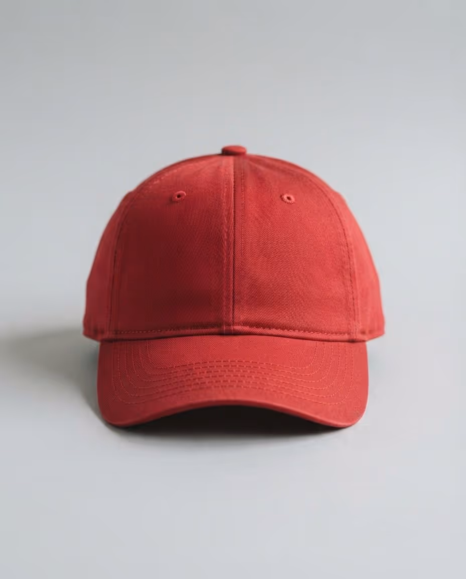 Plain crimson red structured six-panel cap blank, front view