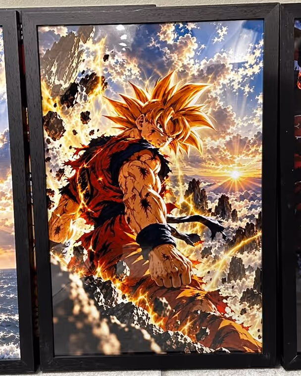 Black wooden frame holding an anime-style poster of a golden-haired fighter in torn orange clothes among flying rocks