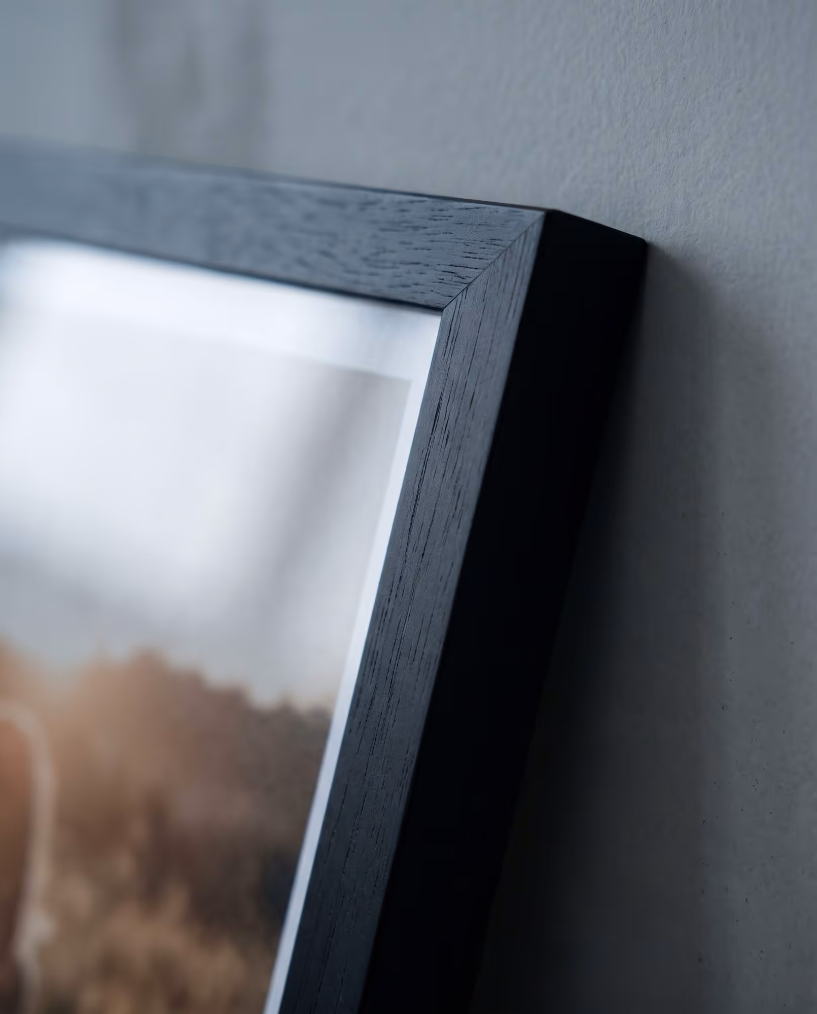 Close-up of the mitred corner of a black wooden portrait frame, the wood grain showing under the stain