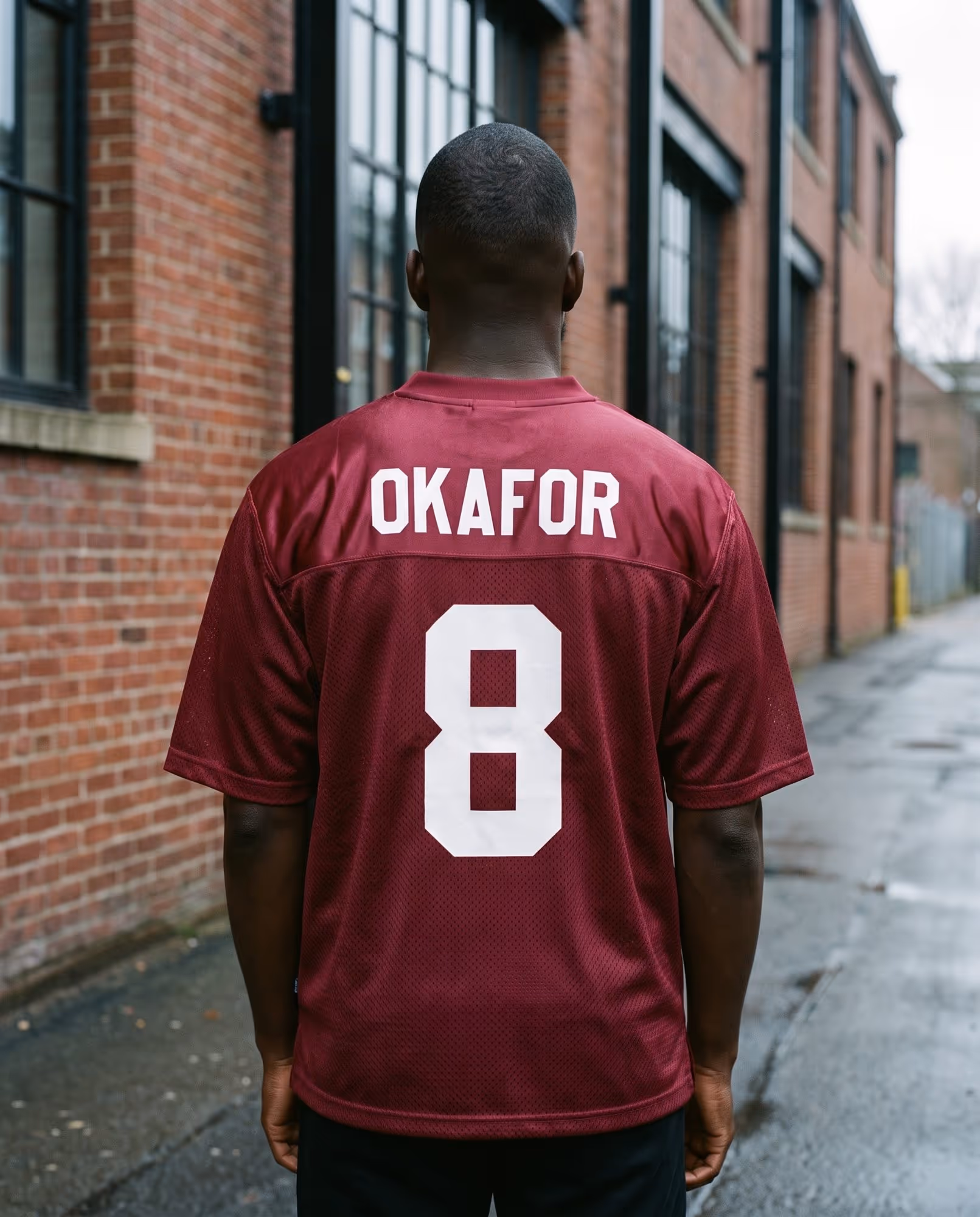 Maroon jersey back with OKAFOR and number 8 heat-pressed in white