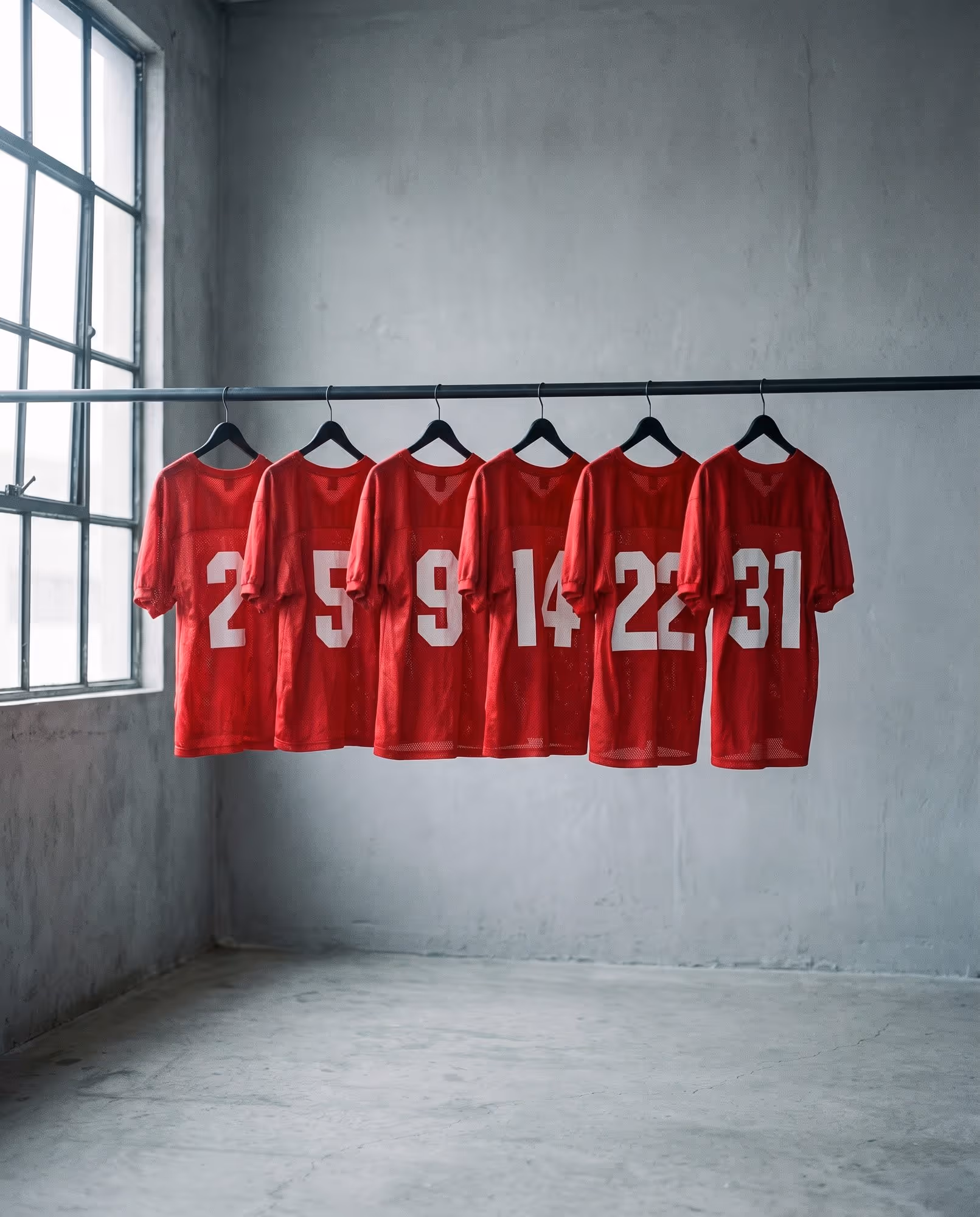 Six numbered red jerseys hanging in a row on a rail