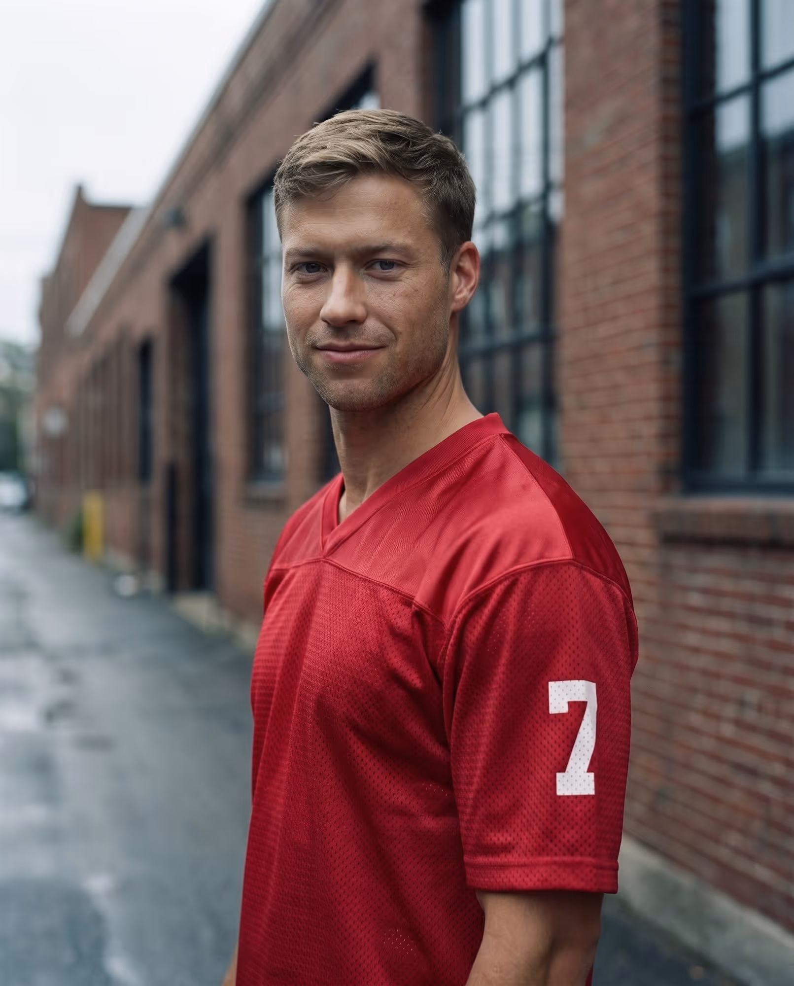 Red jersey with a small white number 7 printed on the sleeve