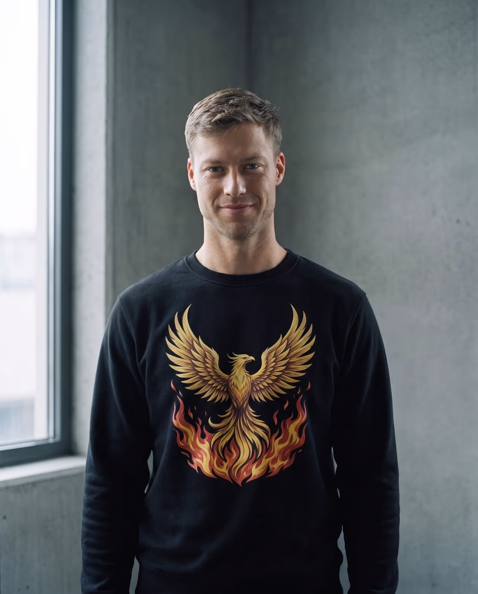 Black crewneck sweatshirt with a full-colour golden phoenix chest print