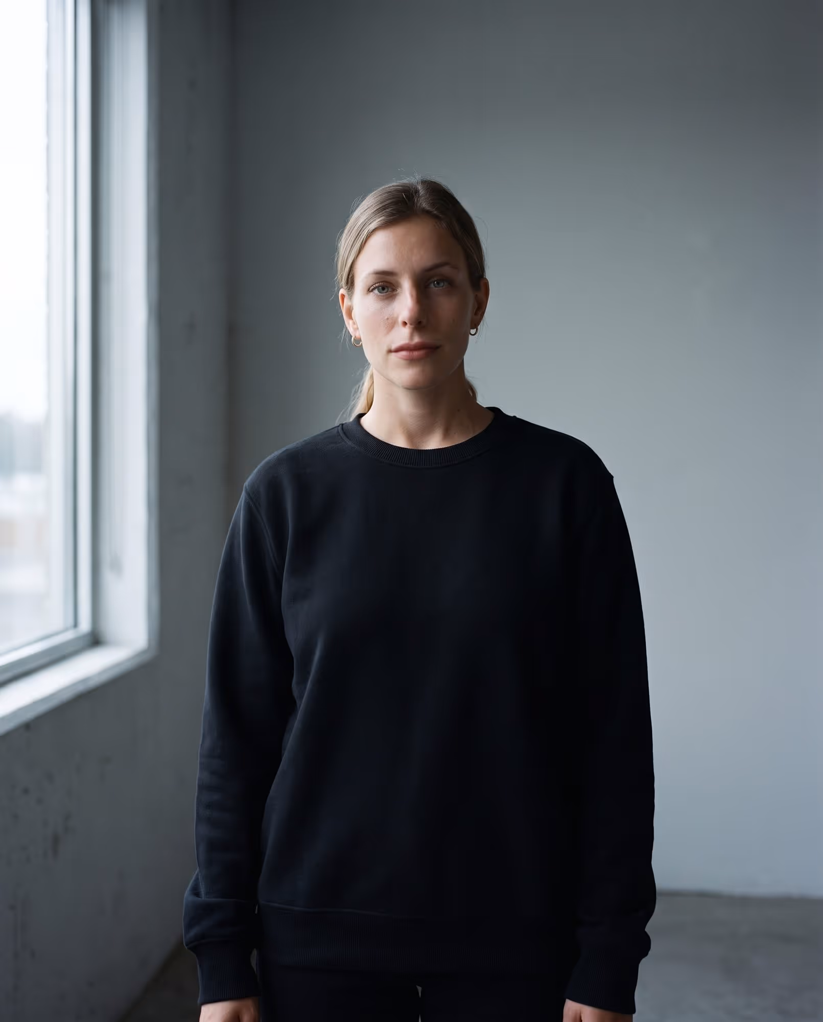 Black crewneck fleece sweatshirt blank, front view
