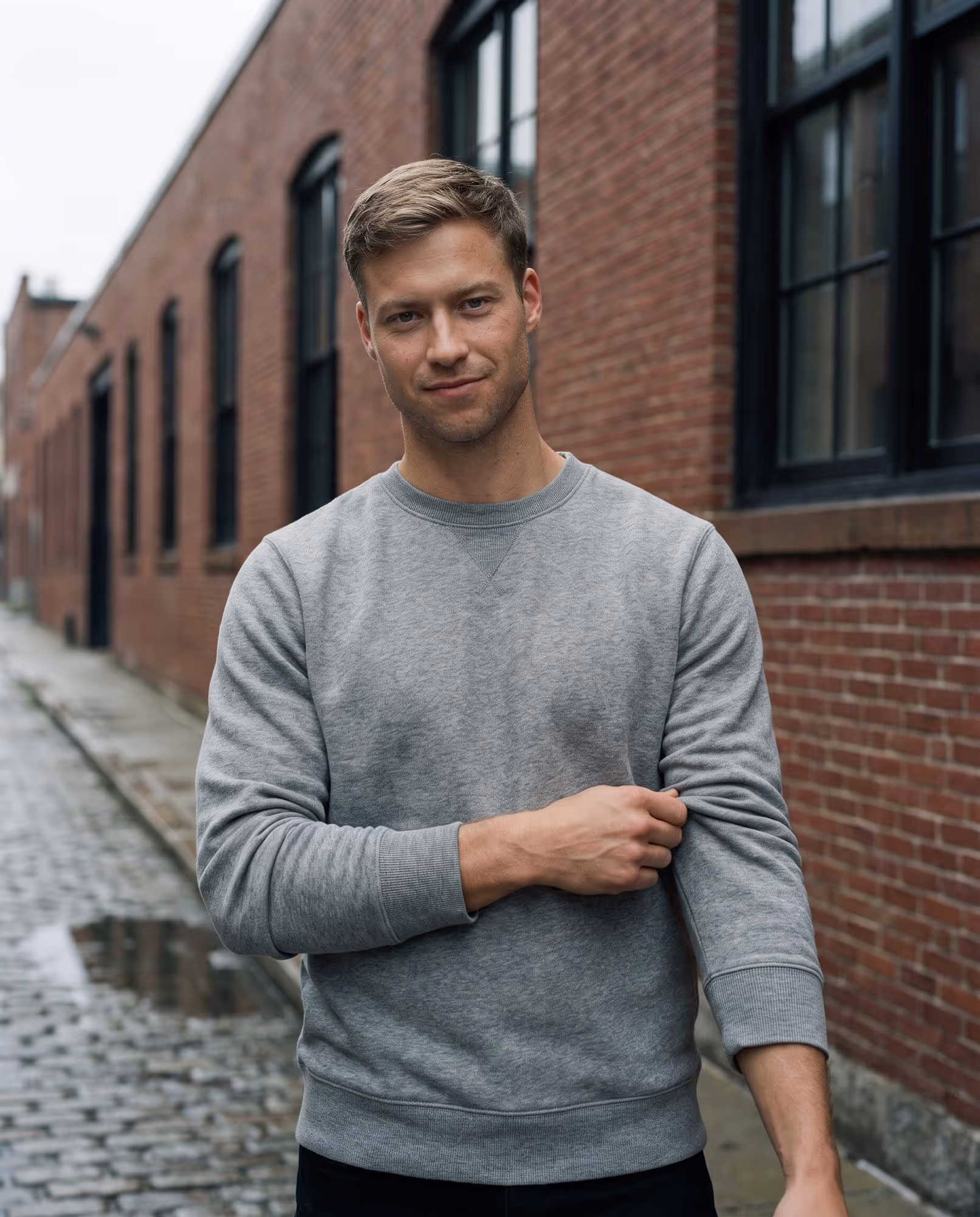 Model pushing up the sleeve of a heather grey crewneck sweatshirt blank
