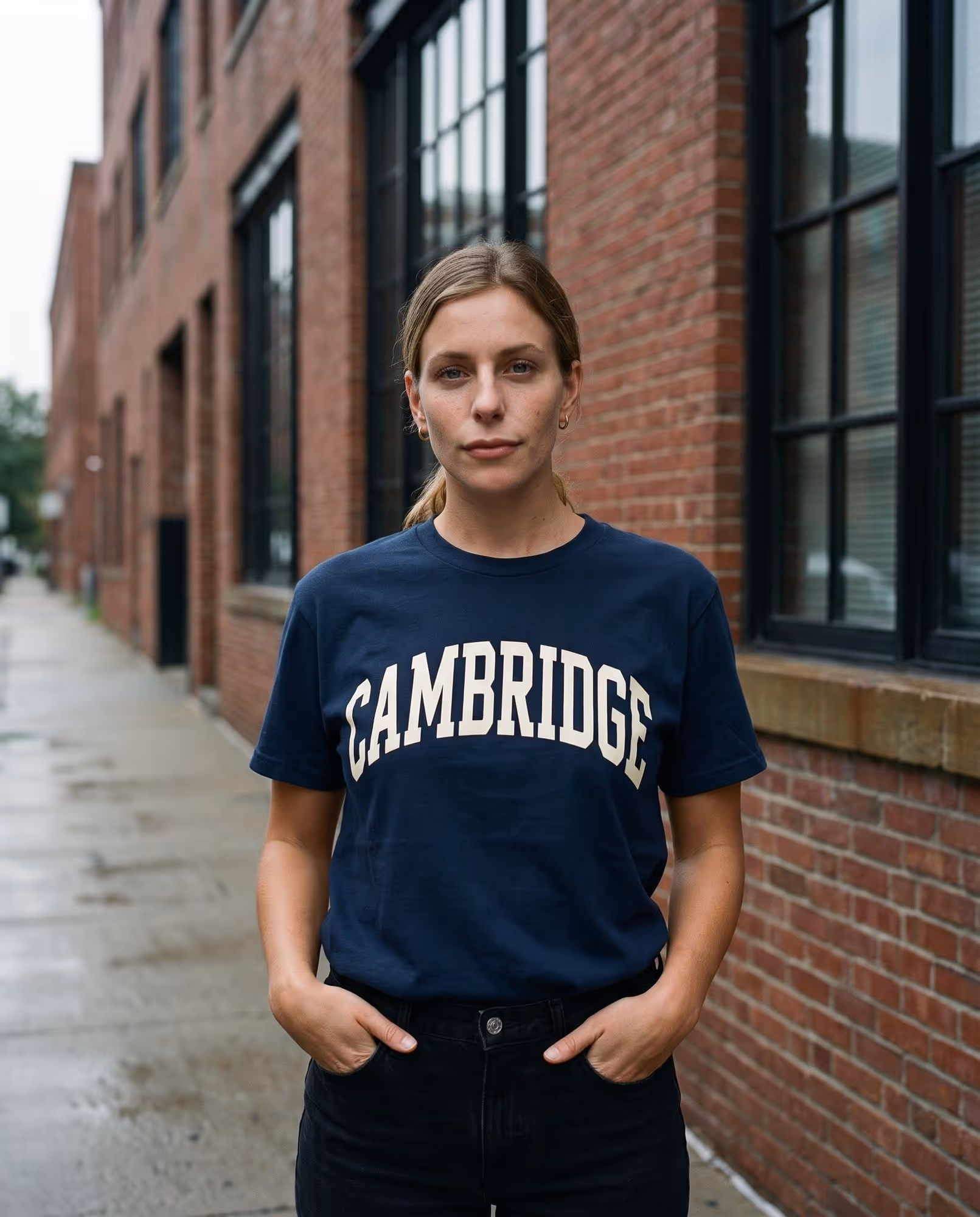 Navy custom-printed heavyweight t-shirt with a bold cream "Cambridge" chest graphic