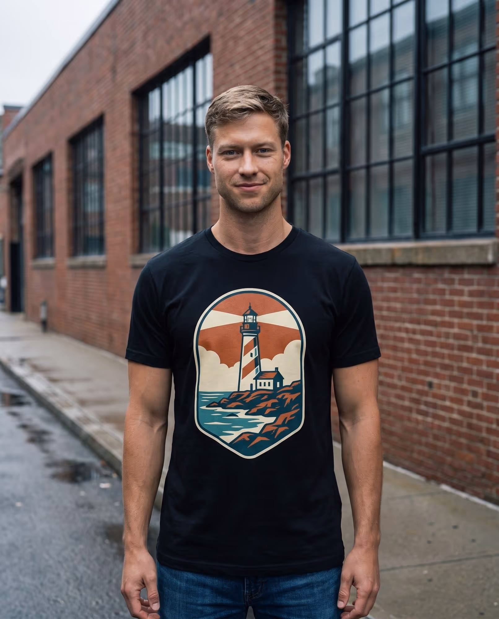 Black t-shirt with a large full-colour printed lighthouse badge on the chest