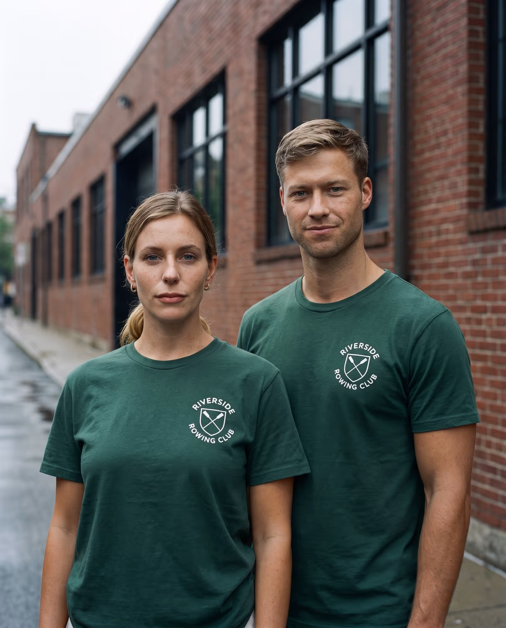 Two people in matching forest green t-shirts with a white printed rowing club crest on the chest