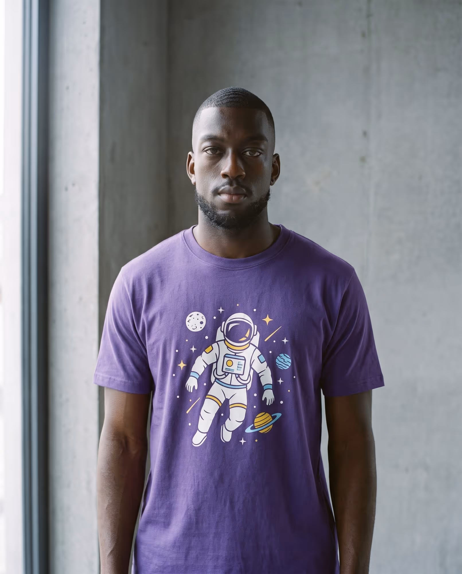 Purple t-shirt with a flat-vector astronaut and planets illustration printed on the chest