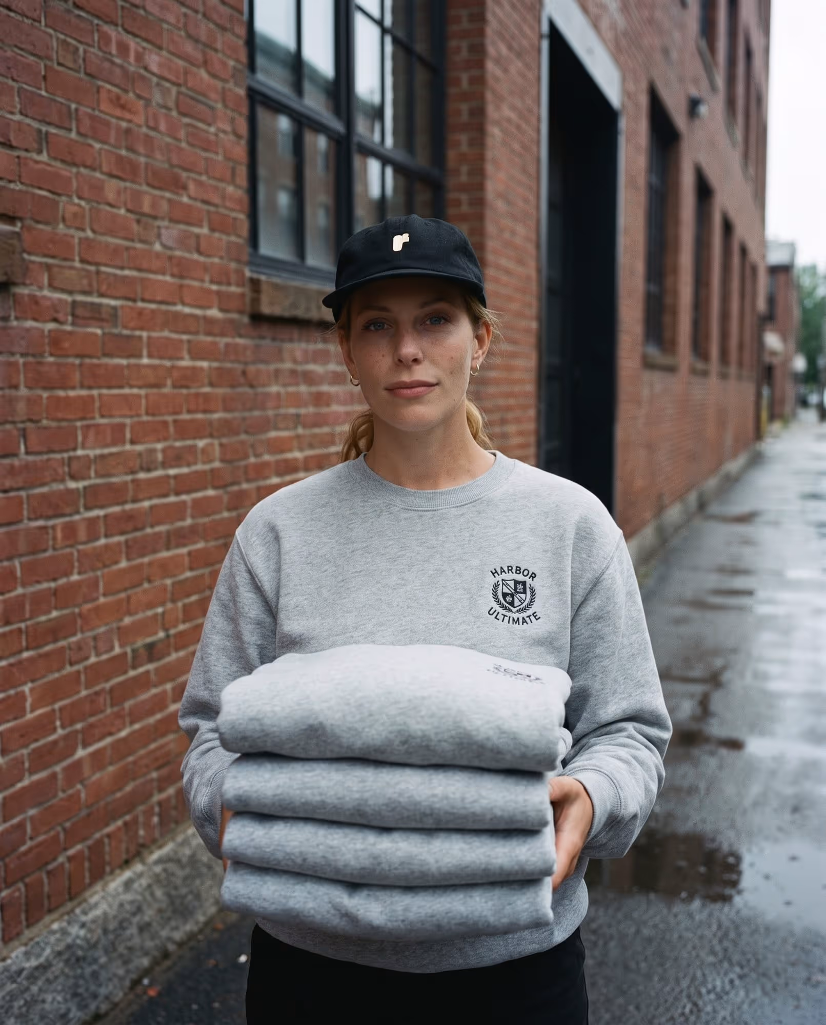 Model in a custom printed cap and crewneck holding a folded stack of matching team sweatshirts