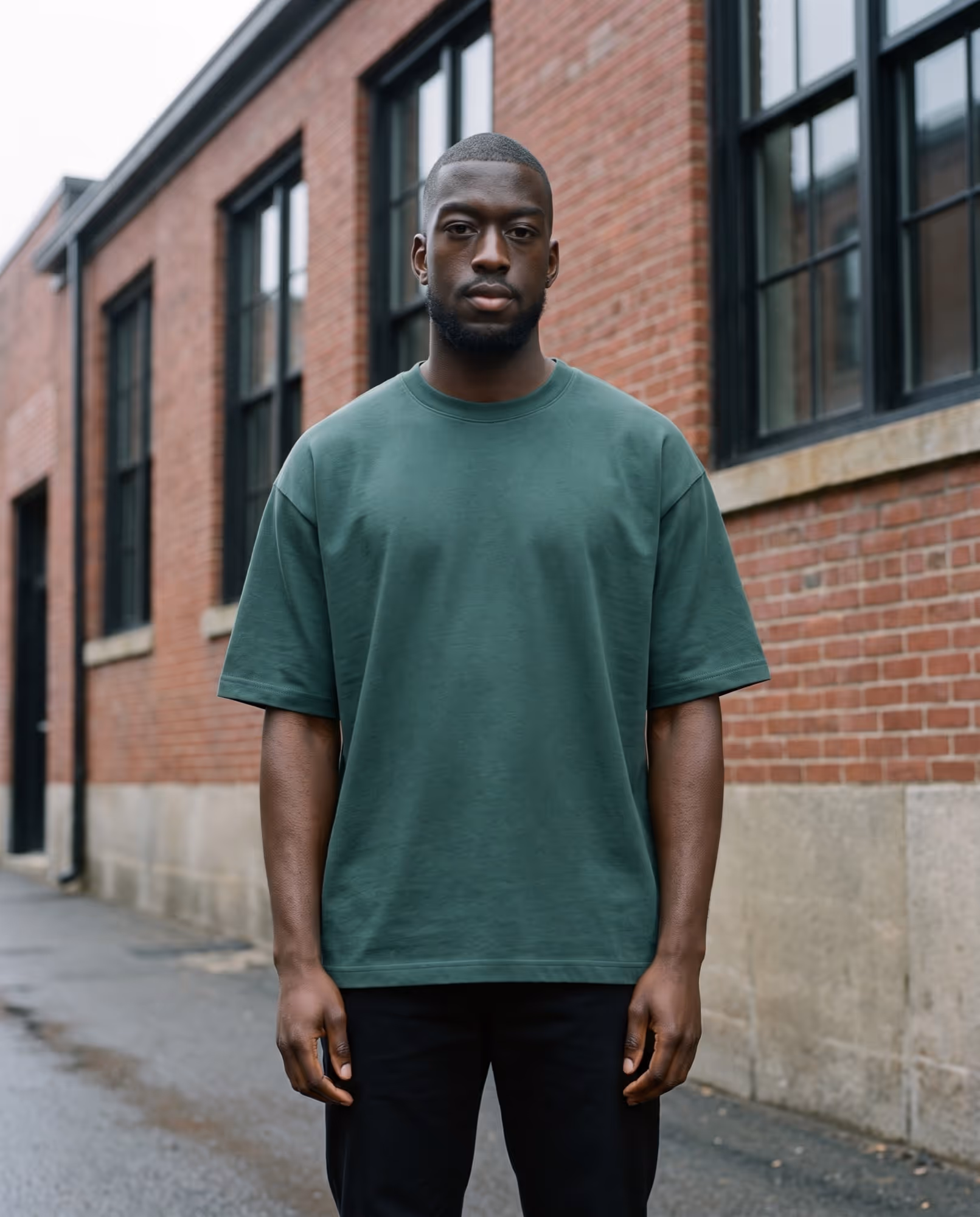 Model wearing a plain pine green oversized boxy heavyweight t-shirt on a Cambridge street