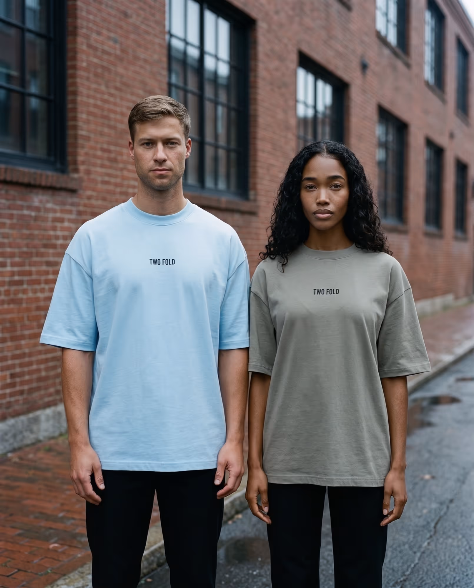 Two people in sky blue and sage oversized t-shirts, both printed with the same small TWO FOLD wordmark