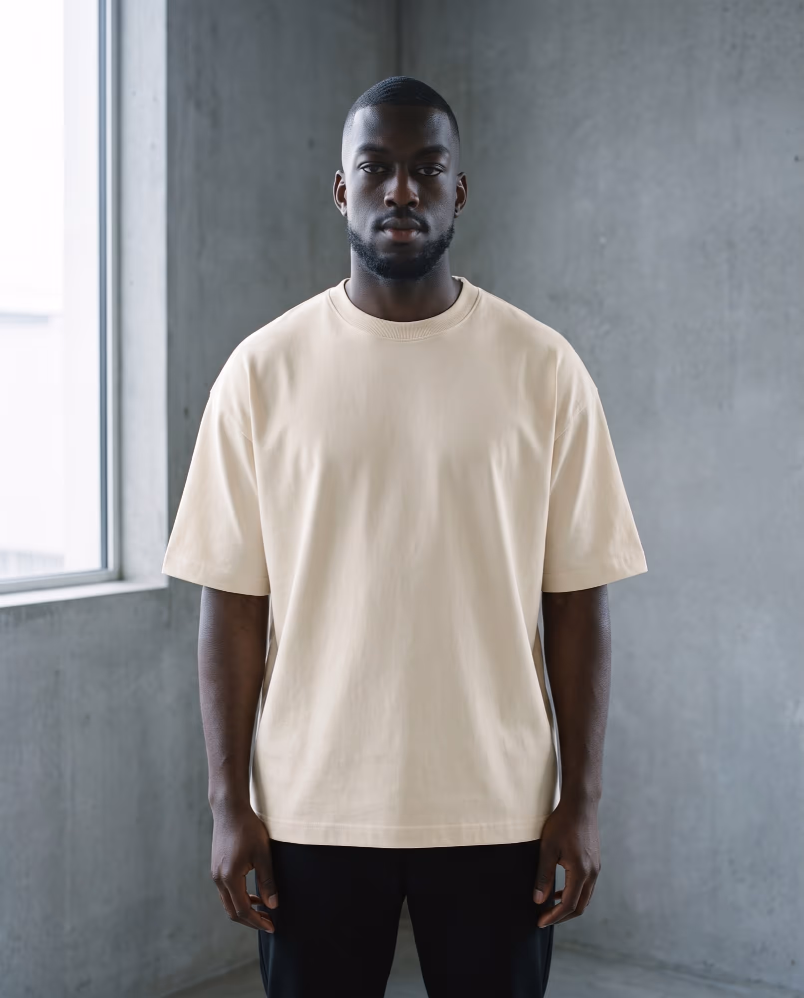 Plain cream oversized heavyweight t-shirt, front view, showing the wide body and ribbed crew neck