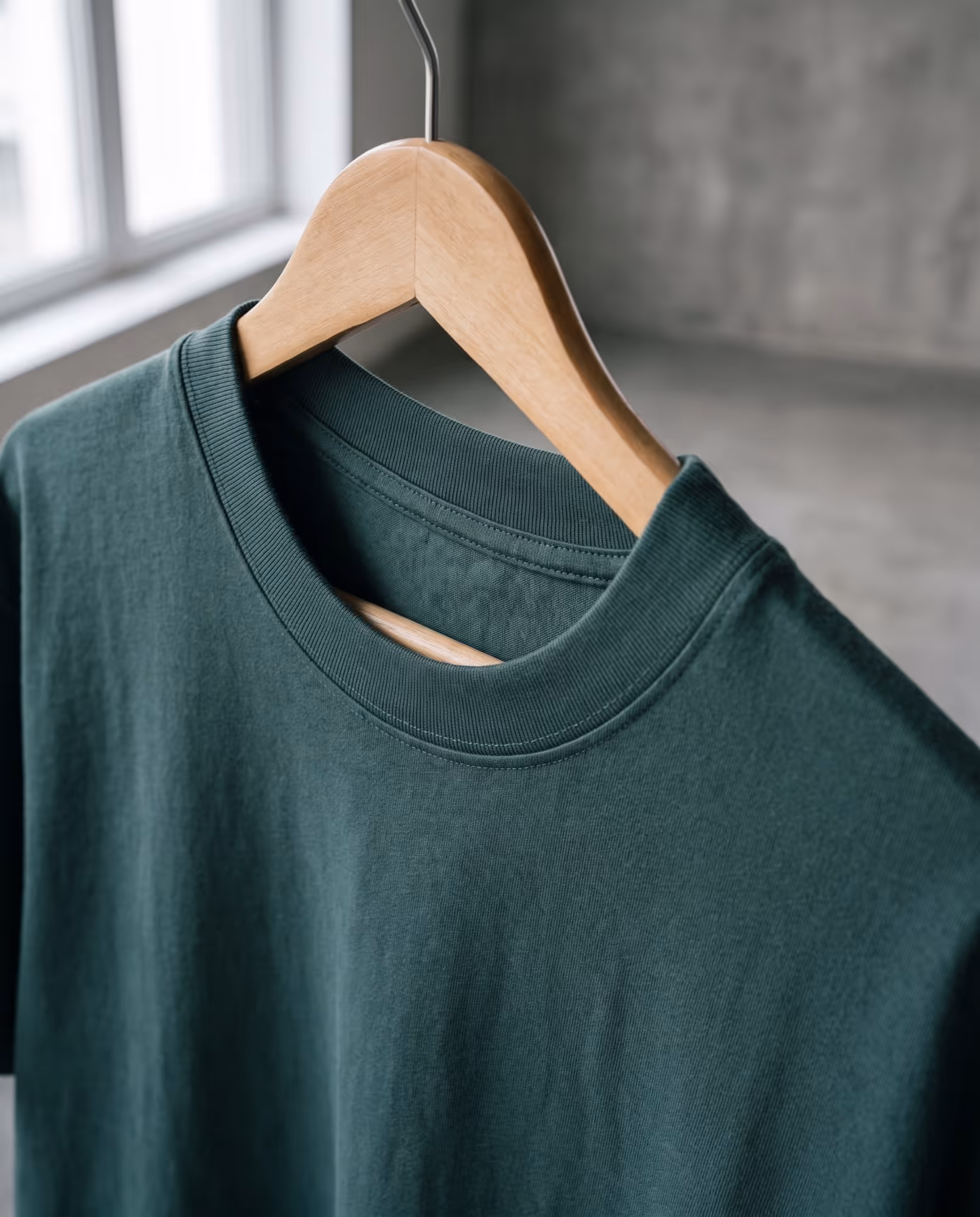 Close-up of the ribbed crew collar and shoulder taping on a pine green oversized t-shirt
