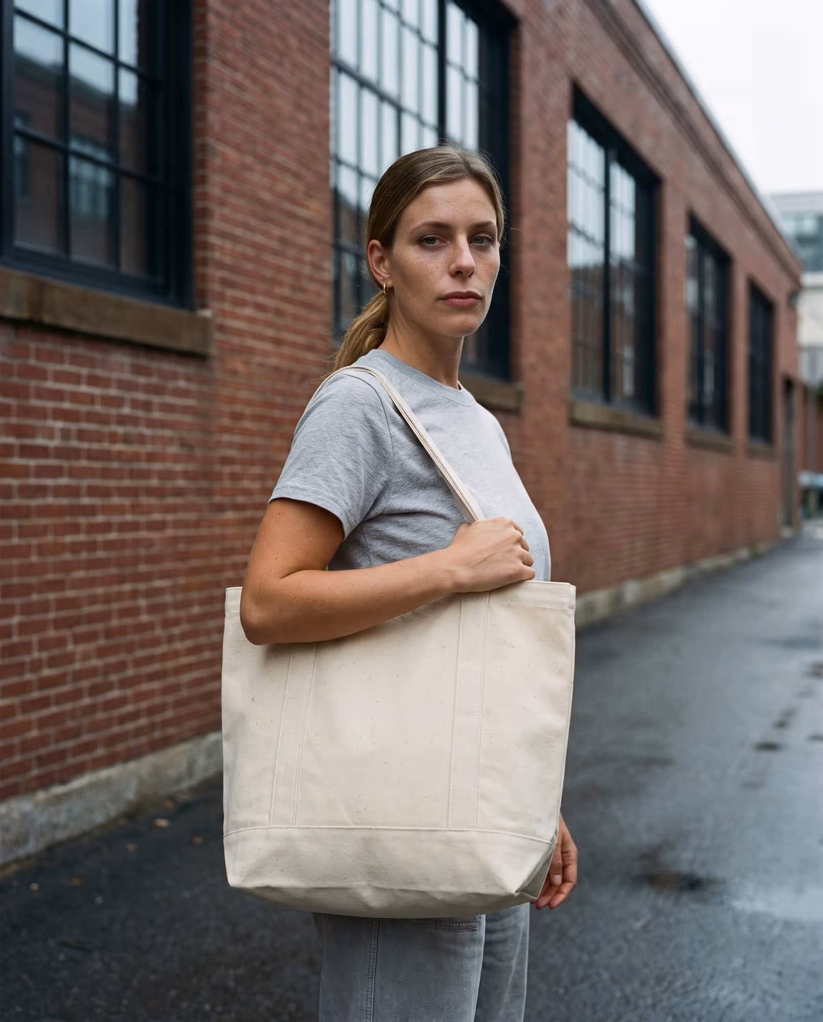 Model carrying a plain natural heavyweight canvas tote bag on her shoulder on a Cambridge street