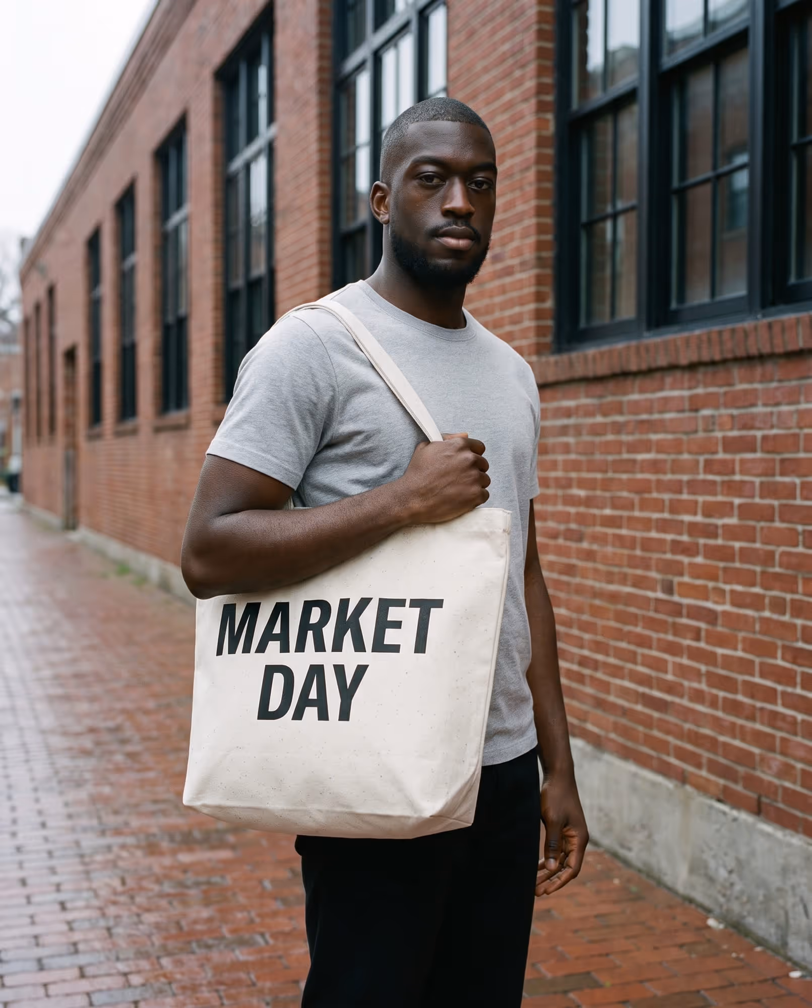 Model carrying a natural canvas tote bag printed with "MARKET DAY" in bold black capitals