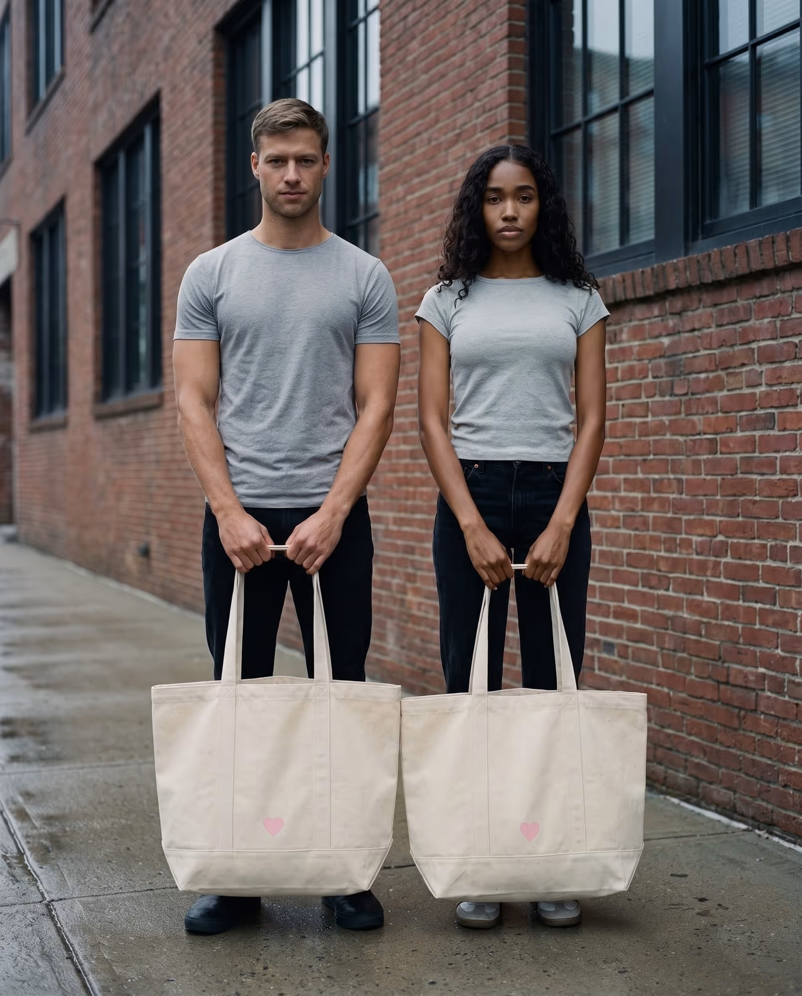 Two people holding identical natural canvas tote bags, each printed with one small pink heart