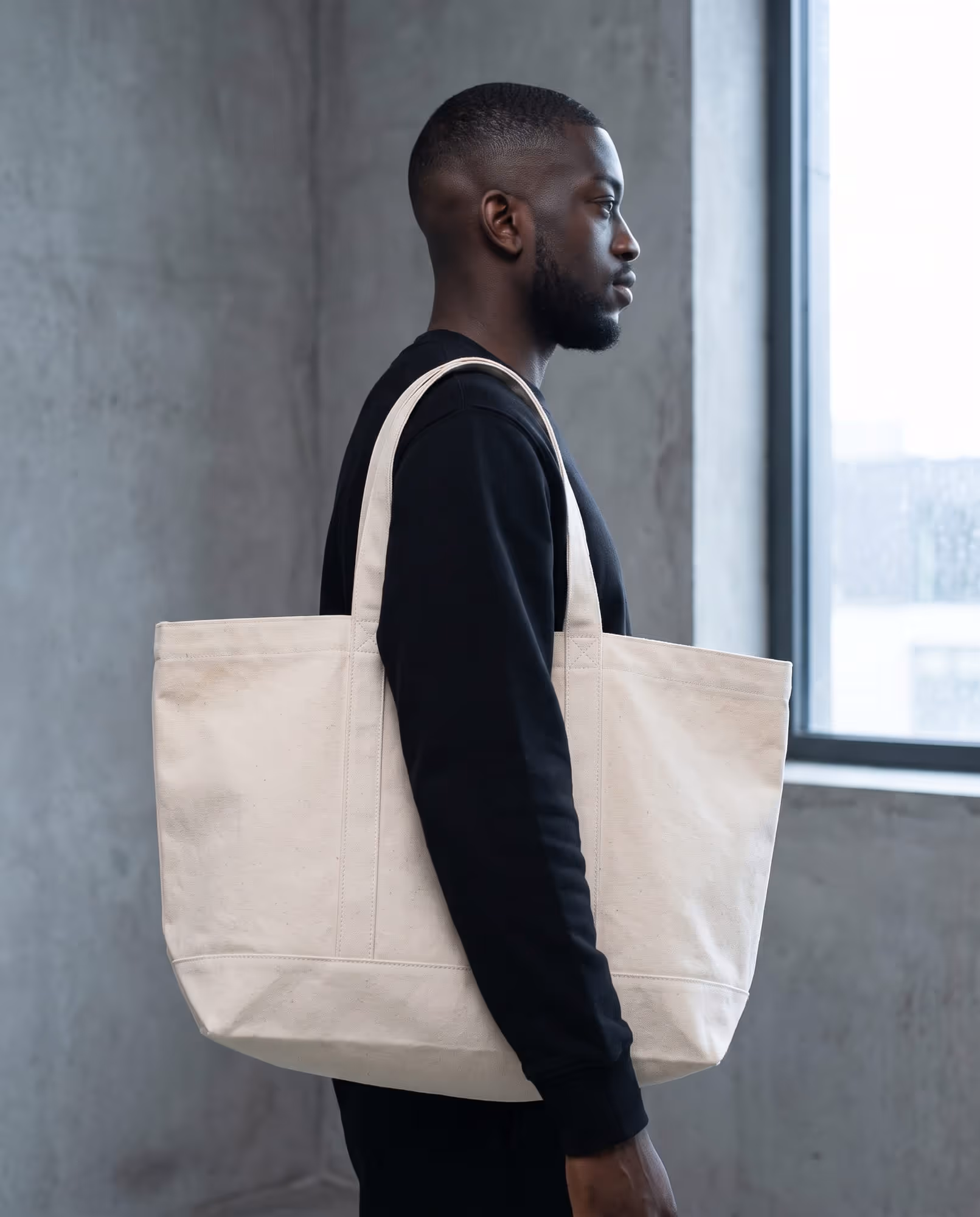 Model in profile carrying a plain natural canvas tote bag on the shoulder, the box-stitched straps visible