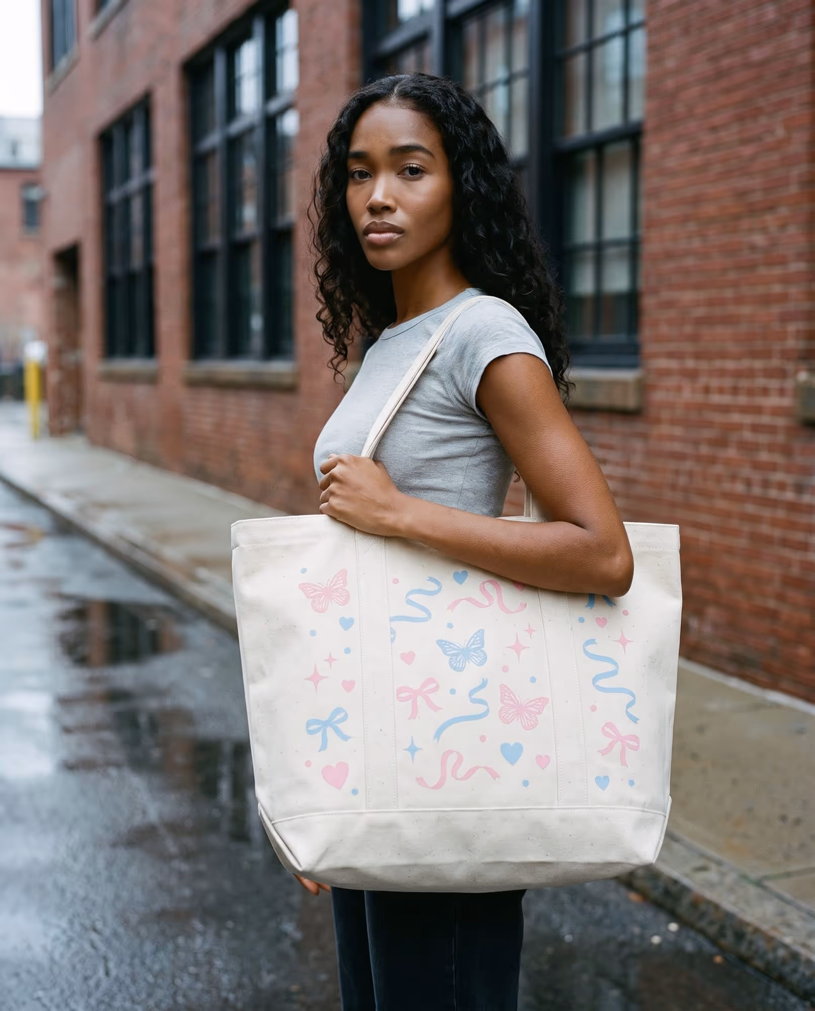 Model carrying a natural canvas tote bag printed with a pastel scatter of pink and blue butterflies, hearts and bows, photographed on a Cambridge street